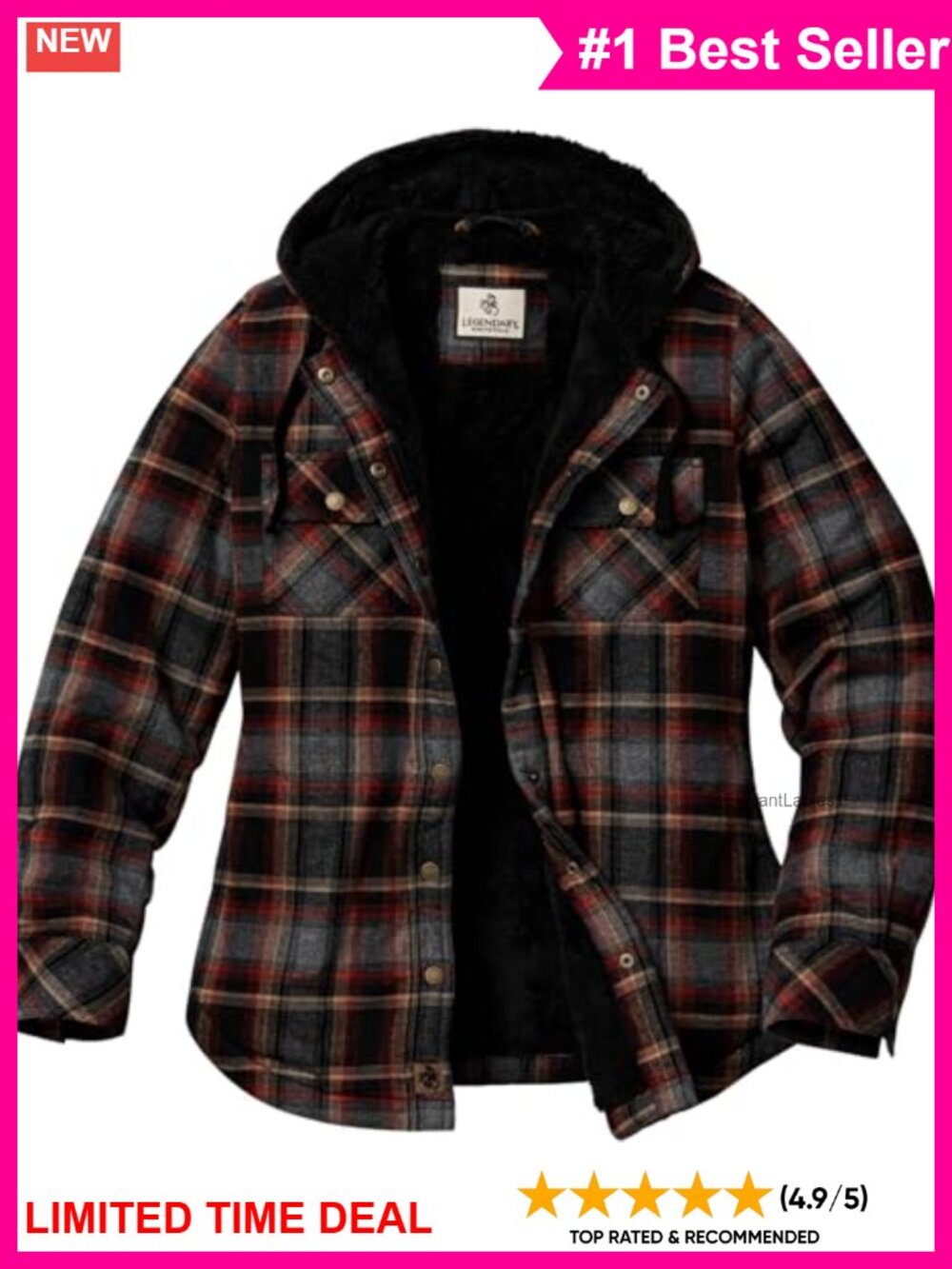 Sherpa Lined Plaid Flannel Hooded Shirt Jacket Snap Front Women's
